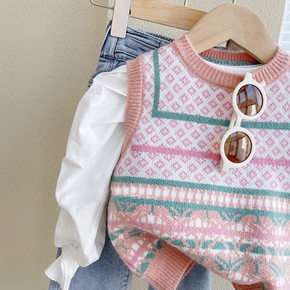 Sweet Girls Knitted Waistcoat Sweater Jeans Suit