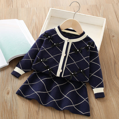 Girls Bow Knitted Long Sleeve Pullover Two-piece Set