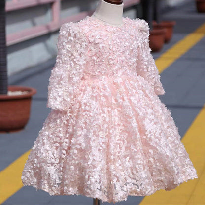 Elegant Baby Girls Pink Long Sleeve Floral Puff Princess Dress Toddler Formal Dresses