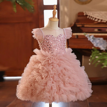 Luxurious Baby Girl Sequin Fluffy Dress Toddler Birthday Pageant Princess Dress