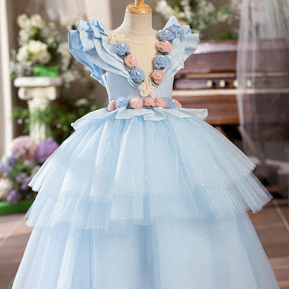 Girls Birthday Princess Dress Girls Blue Elegant Party Dress