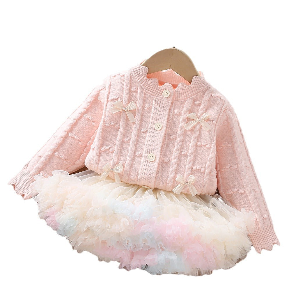 Girls Knitted Cardigan Tutu Dress Two Piece Set