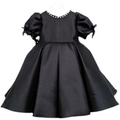 Elegant Baby Girls Black Puff Sleeve Dress Toddler Formal Dress