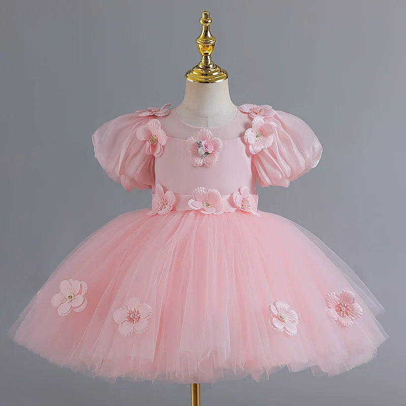 Elegant Baby Girls Floral Tulle Pageant Dresses Toddler Puff Sleeve Princess Dresses For Girls