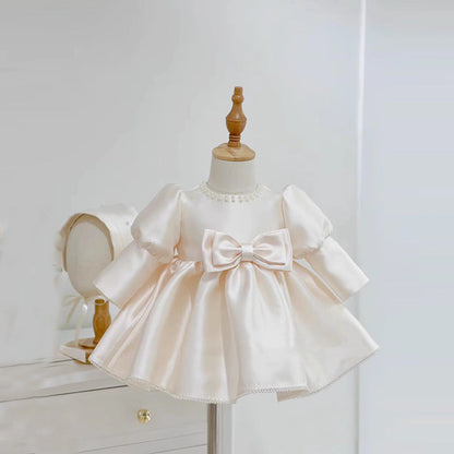 Elegant Baby Puff Long Sleeve Satin Bow First Birthday Dress Toddler Ball Gowns