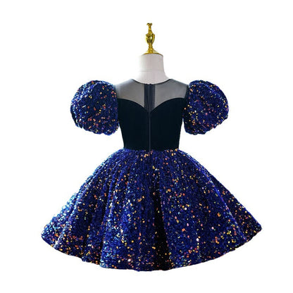 Elegant Baby Girls Dark Blue Sequin Bow Princess Dress Toddler Prom Dress