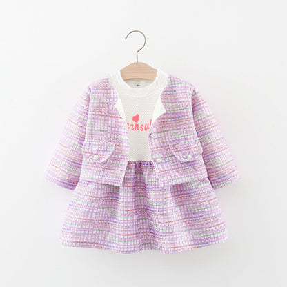 Girls Colorful Plaid Jacket Two-piece Dress