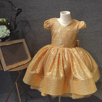 Elegant Baby Girl Gold Sequin Dress  Toddler First Communion Princess Dress