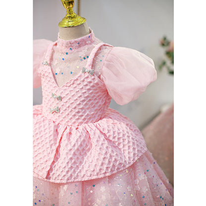 Flower Girl Dress Children Easter Princess Summer Pink Sequin Puff Sleeves Cake Dress