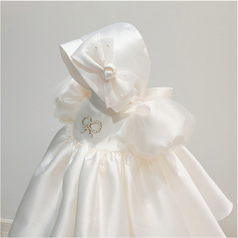 Elegant Baby Girls White Satin Puff Princess Dress Toddler Communion Dress