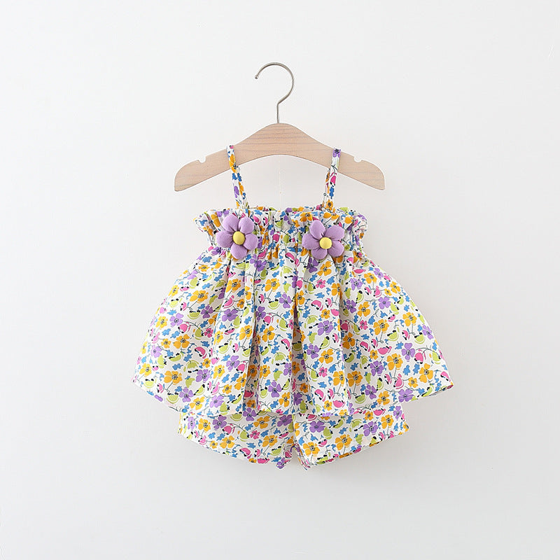 Girls Holiday Style Baby Floral Sling Two-piece Children's Clothing