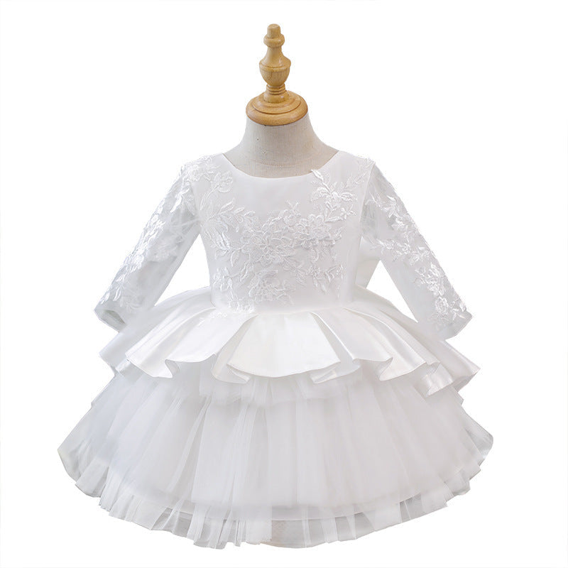 Elegant Baby Girls Patterned Lace White Princess Dress Toddler One Year Old Dress Puff Dress