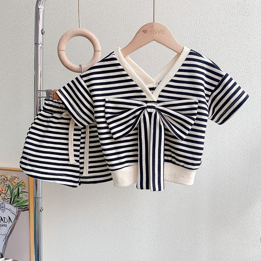 Summer Striped Suit Girls Bow T-shirt Two-piece Suit