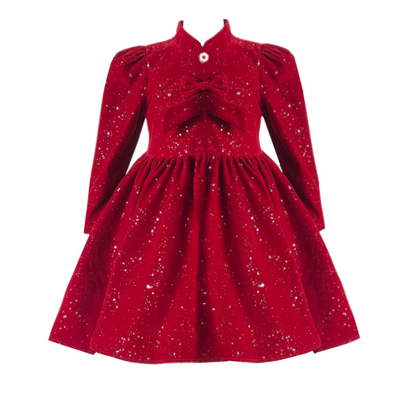 Elegant Baby Girls Burgundy Glitter Bow Princess Dress Toddler Catwalk Performance Dress