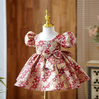 Elegant Baby Girls Red Floral Bow First Year Dress Girls Pageant Dresses