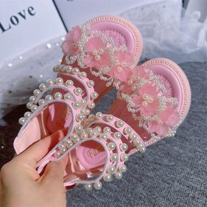 Summer Soft Bottom Princess Flower Pearl Sandals Beach Roman Shoes