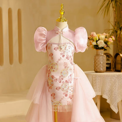 Elegant Baby Girls Pink Floral Train Ball Gowns Little Girl Dresses