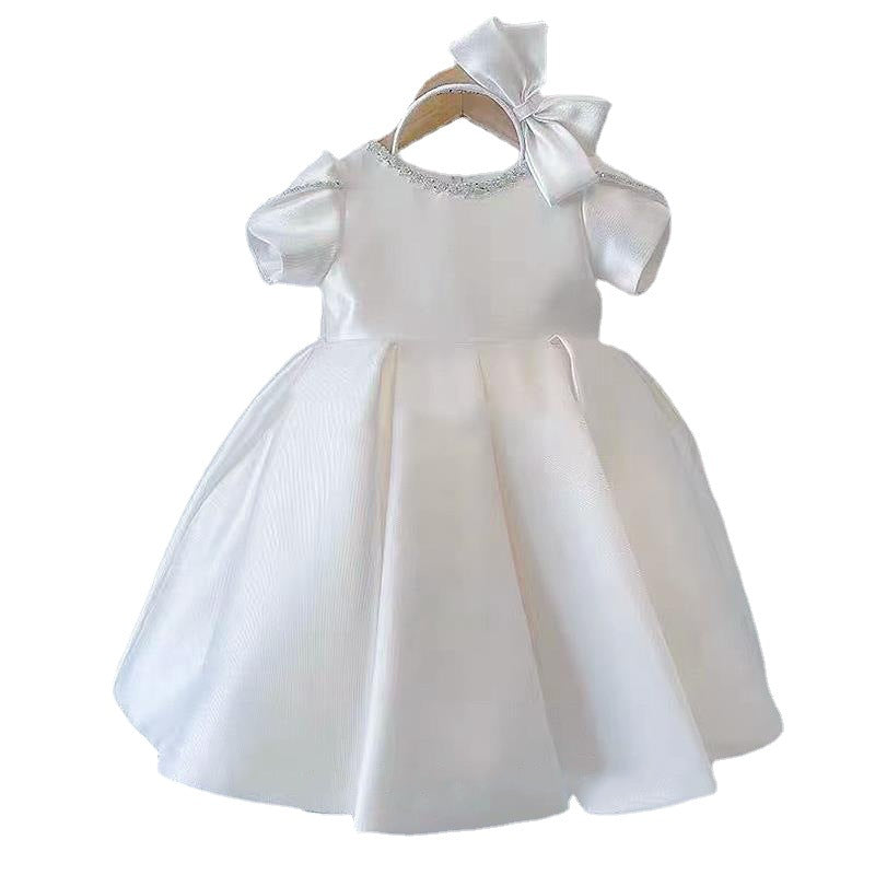 Elegant Baby Girls White Round Neck First Birthday Dress Toddler Birthday First Communion Dress