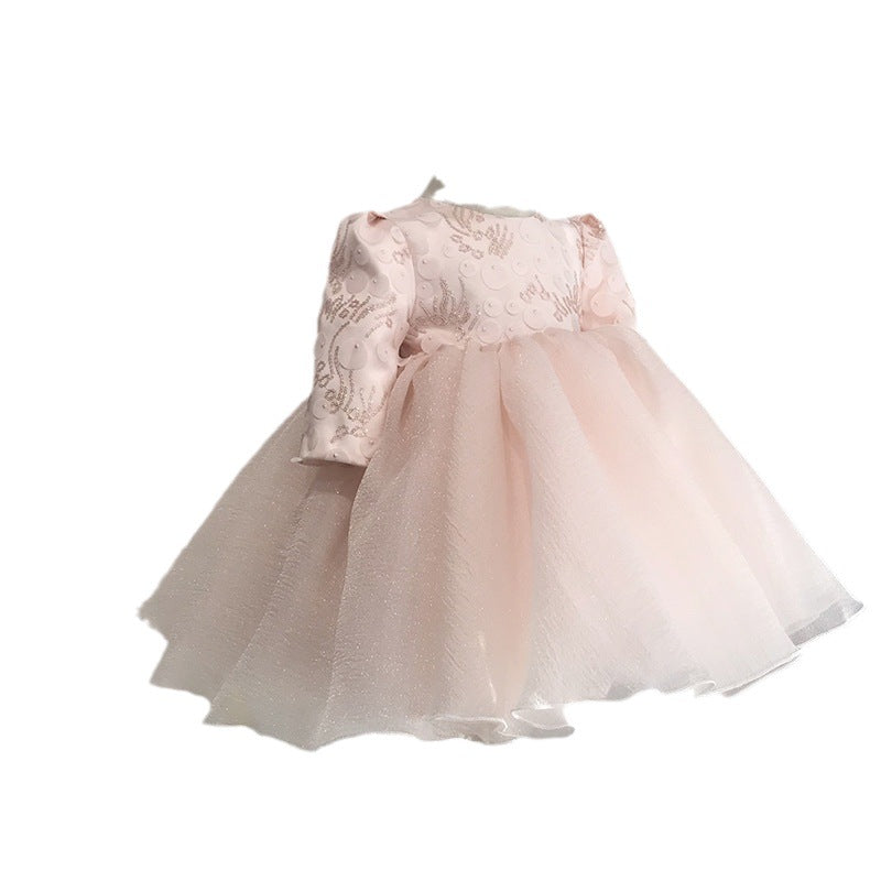 Elegant Baby Pale Pink Patterned Mesh Bow Mesh Pleated Dress ToddlerFormal Dresses