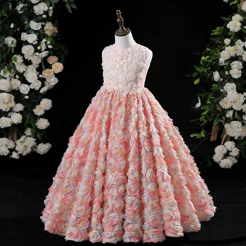 Elegant Baby Pink Sleeveless Floral Beauty Pageant Dress Toddler Birthday Party Dresses