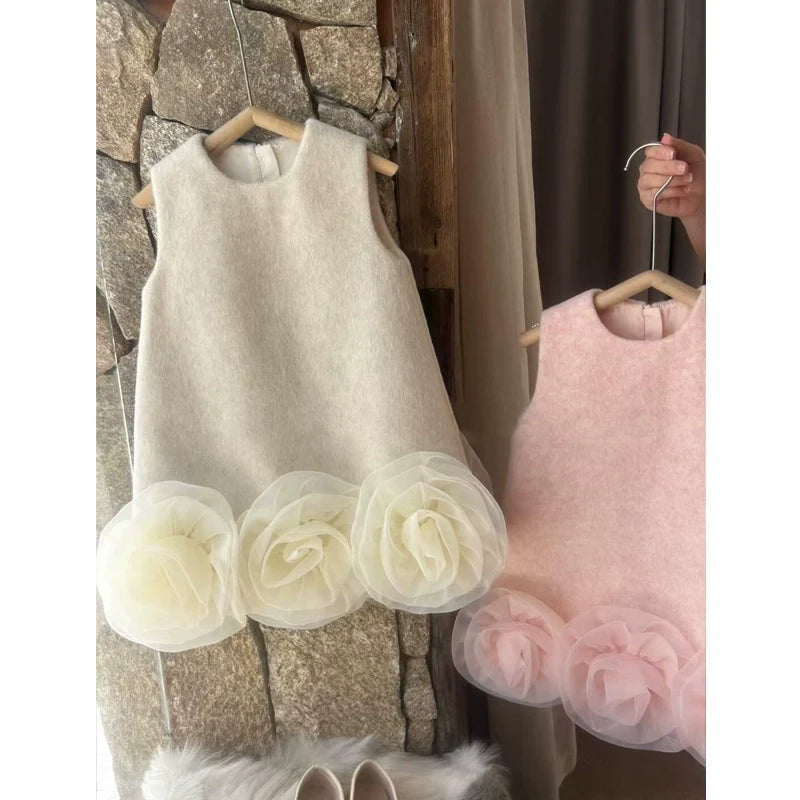 Girls Princess Dress Children's Flower Woolen Vest Dress