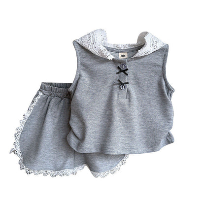 Girls Summer Suit Gray Lace Set Two-piece Set