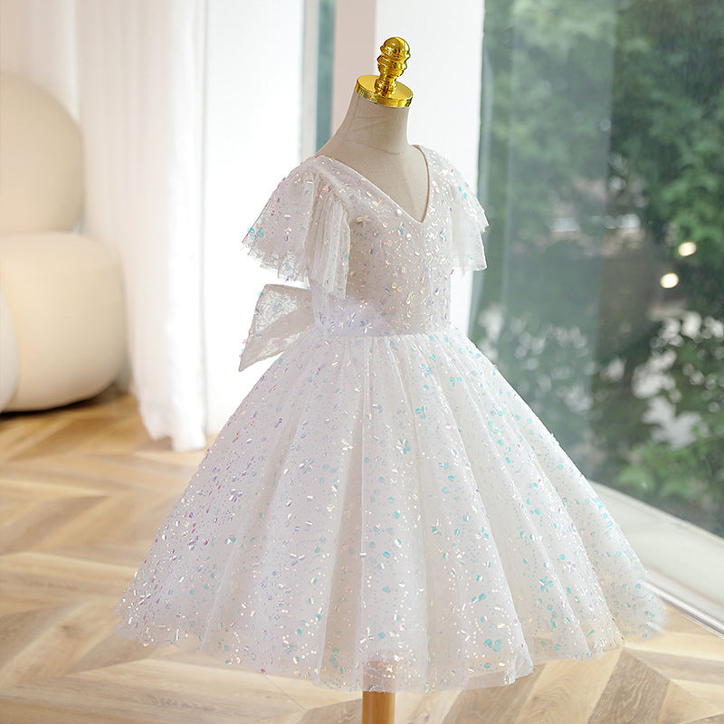 Elegant Baby Girls White Sequined Mesh Dress Toddler Flower Girl Dresses