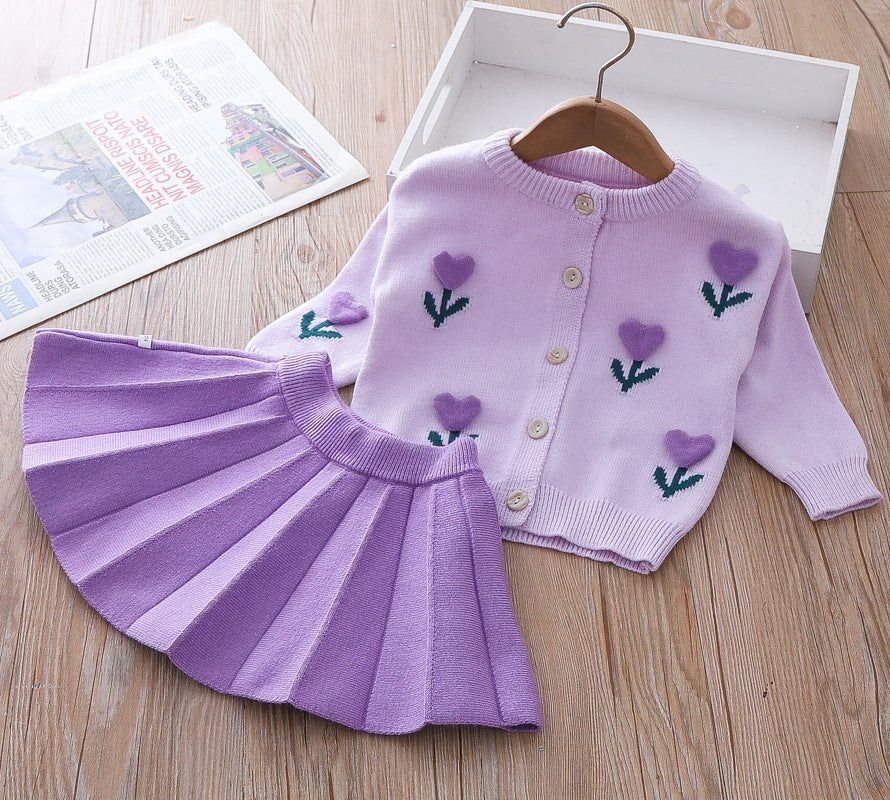 Lovely Girls Winter Sweater Flower Dress Children's Two-piece Dress