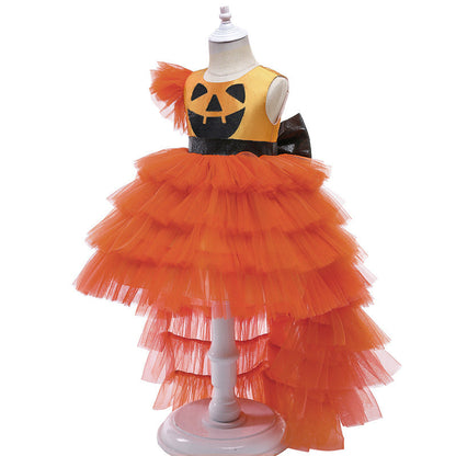 Halloween Girls Dresses Pumpkin Cake Trailing Dresses