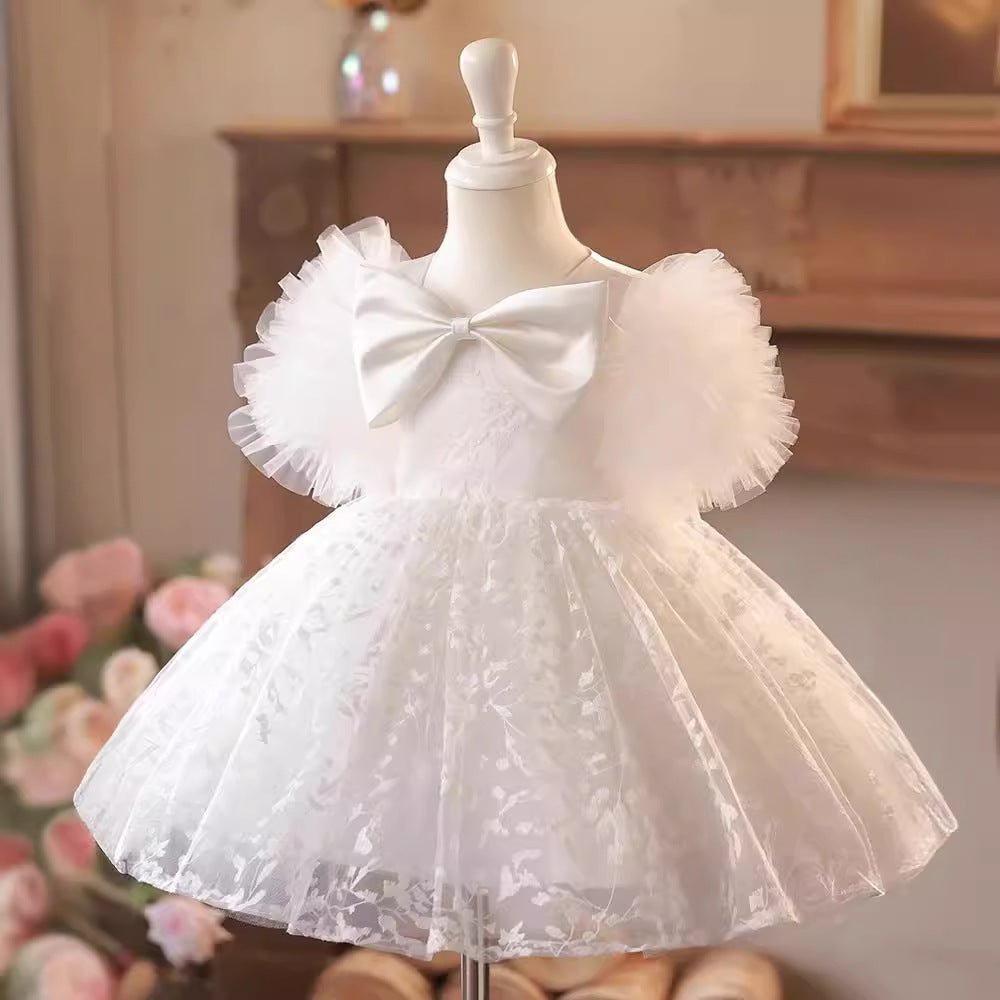 Elegant Baby White Bow Flying Sleeves Tulle Dress Toddler Formal Dresses