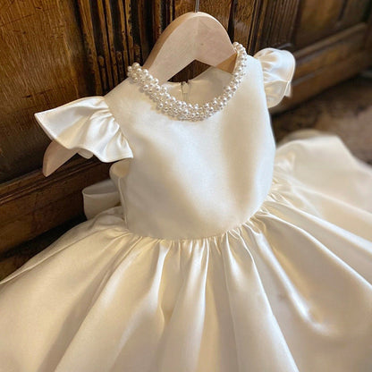 Toddler Prom Dress Girl Birthday Party Baptism Wedding Bowknot Bead Christening Dress