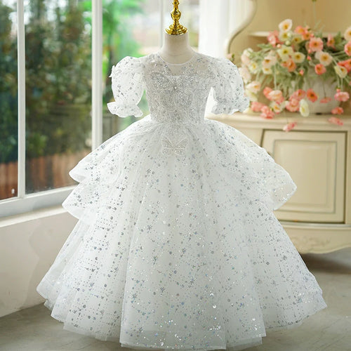 Elegant Baby Girls White Sequin Baptism Dresses Toddler Ball Gowns