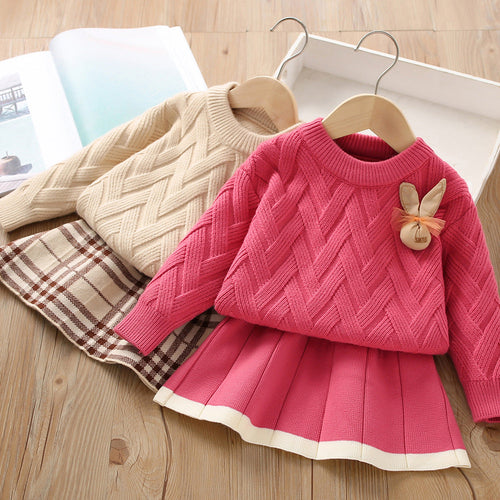 Solid Color Pullover Knitted Skirt Girls Sweater Two-piece Set