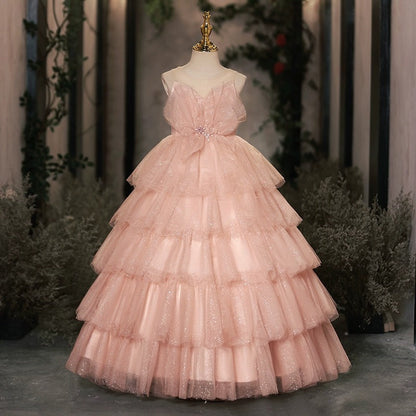 Elegant Baby Girls Sleeveless Tulle Ball Dresses Toddler Pink Pageant Dresses