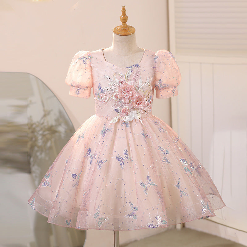 Girls Butterfly Embroidery Princess Dress with Flowers Birthday Dress