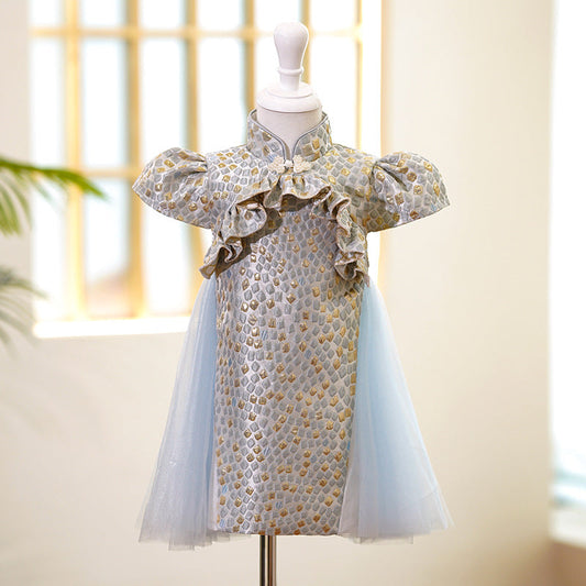 Elegant Baby Pattern Puff Sleeves Button-up One-year-old Dress Toddler Ball Gowns