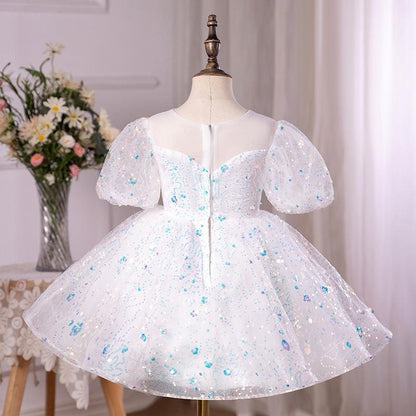 Sweet Baby Girls White Transparent Puffy Mesh Dress Toddler Christening Dress