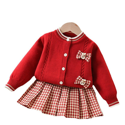 Girls Knitted Cardigan Plaid Skirt Sweater Two-piece Set