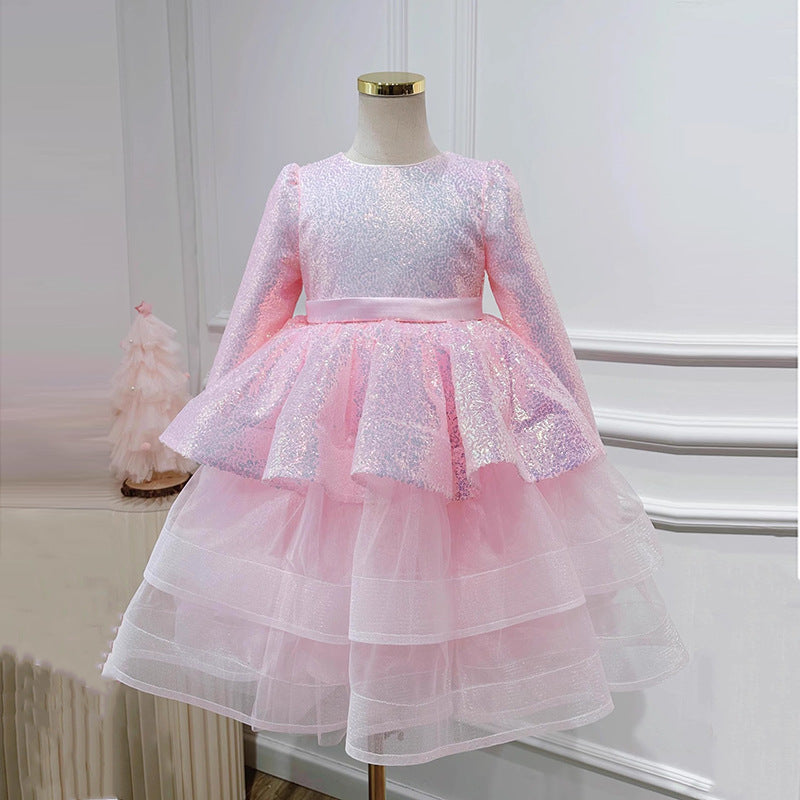 Elegant Baby Girls Pink Long Sleeve Sequin Cake Dress Girls New Year's Dress