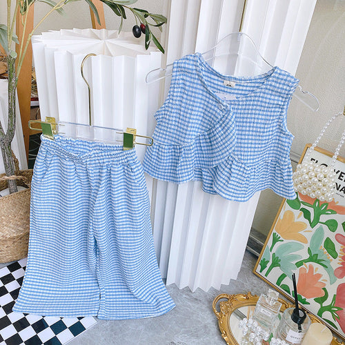 Sweet Girls Blue Plaid Camisole Trousers Two-piece Set