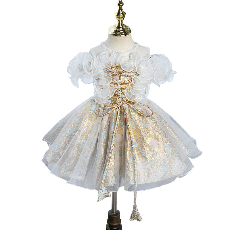 Elegant Baby Champagne Mesh Floral Princess Dress Toddler Party Princess Dress