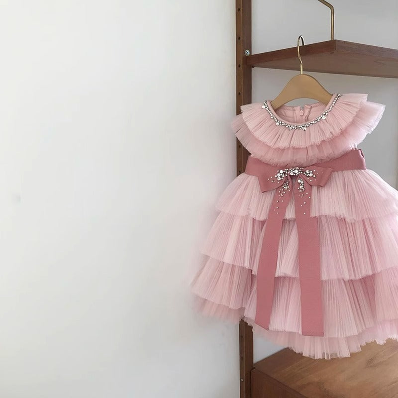 Elegant Baby Pink Bow Cake Birthday Dress Toddler First Birthday Dress