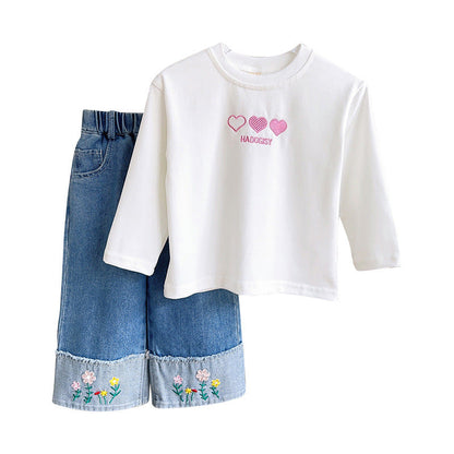 Sweet Girl's Love Bottoming Shirt Denim Wide-leg Pants Two-piece Set