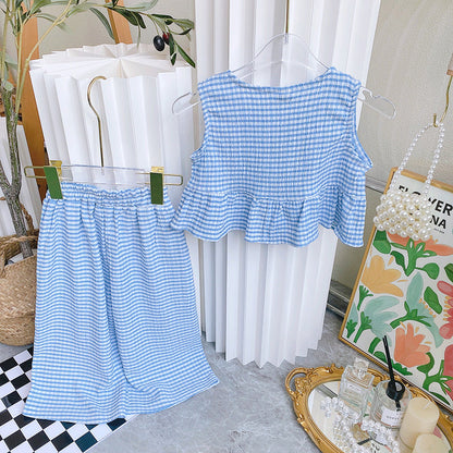 Sweet Girls Blue Plaid Camisole Trousers Two-piece Set