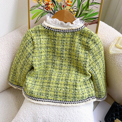 Sweet Baby Girl Collarless Green Plaid Top and Skirt Two-piece Set