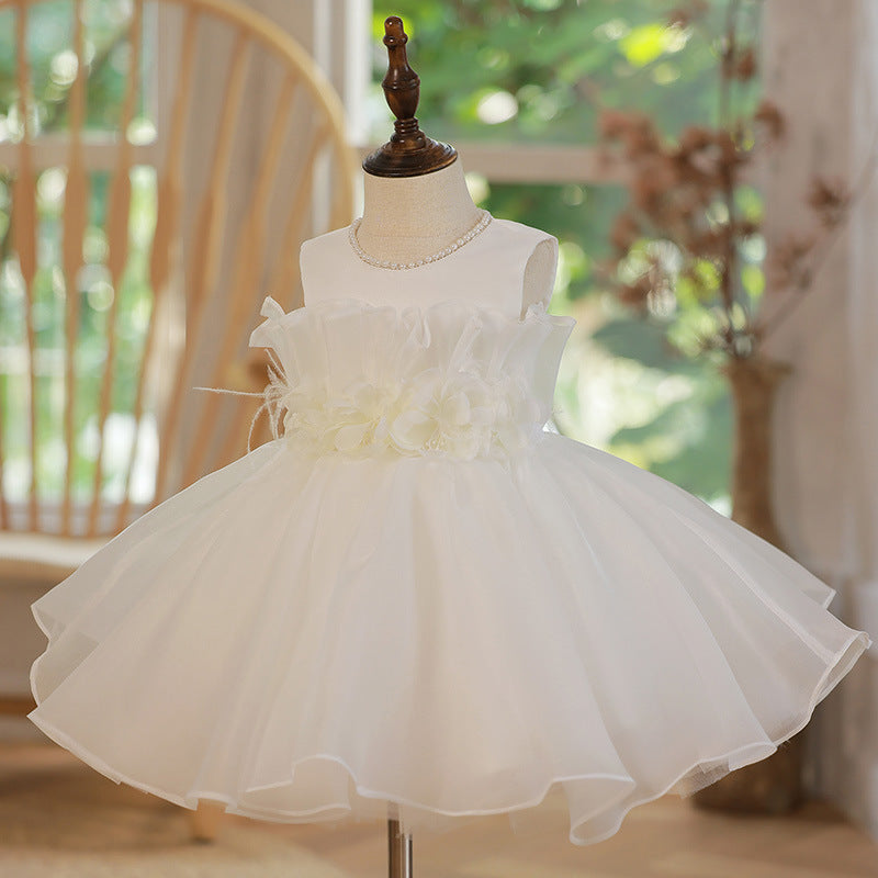 Girls Sleeveless Birthday Dress White Princess Tulle Dress