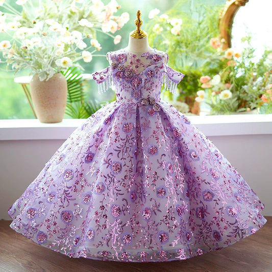 Luxurious Baby Girl Puffy Embroidery Flower Girl Dress Toddler Birthday Princess Dress