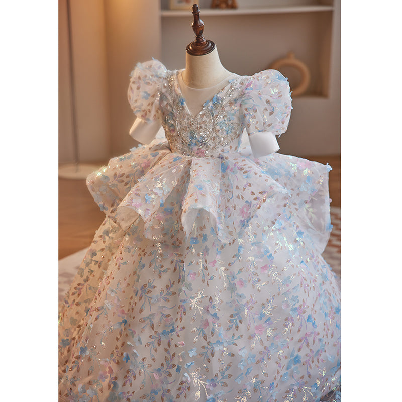 Flower Girl Dress Children Wedding Pageant Sequin Bowknot Fluffy Princess Dress