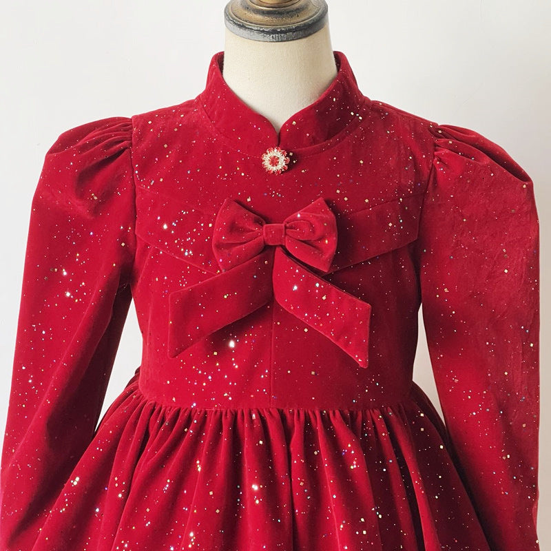 Elegant Baby Girls Burgundy Glitter Bow Princess Dress Toddler Catwalk Performance Dress