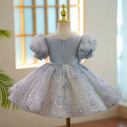 Toddler Prom Dress Girl Summer Gray Princess Dress Puff Sleeve Sequin Puffy Dress